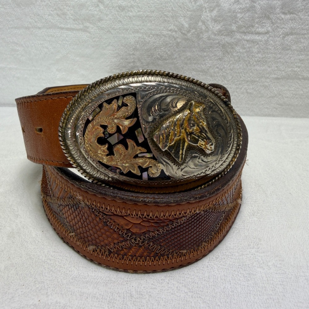 Nocona Mens Brown Genuine Lizard Leather Western Belt Silver Buckle Inlay S/M